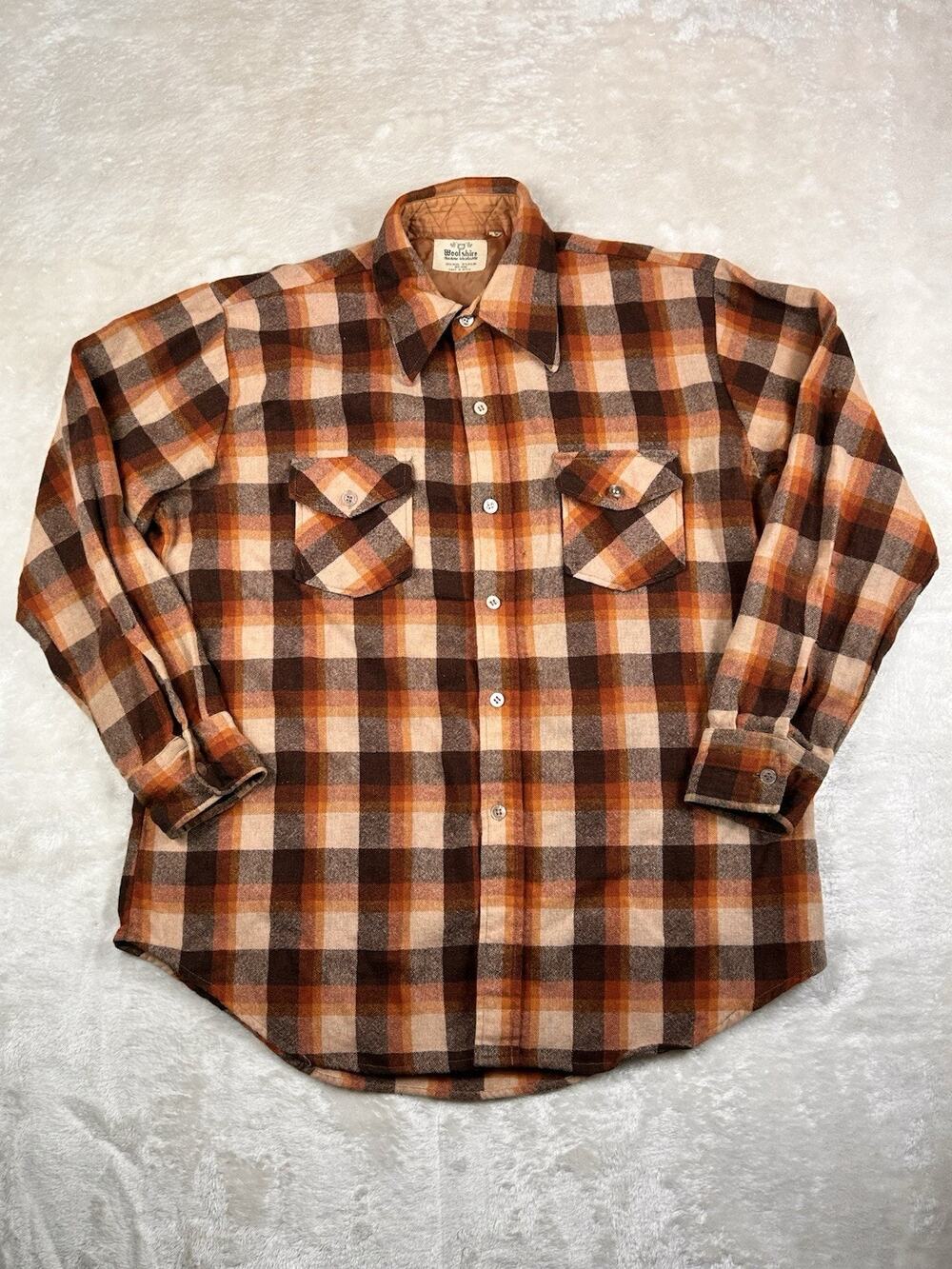 Vintage Woolshire Men’s Plaid Button Down Wool Blend Brown Size Medium